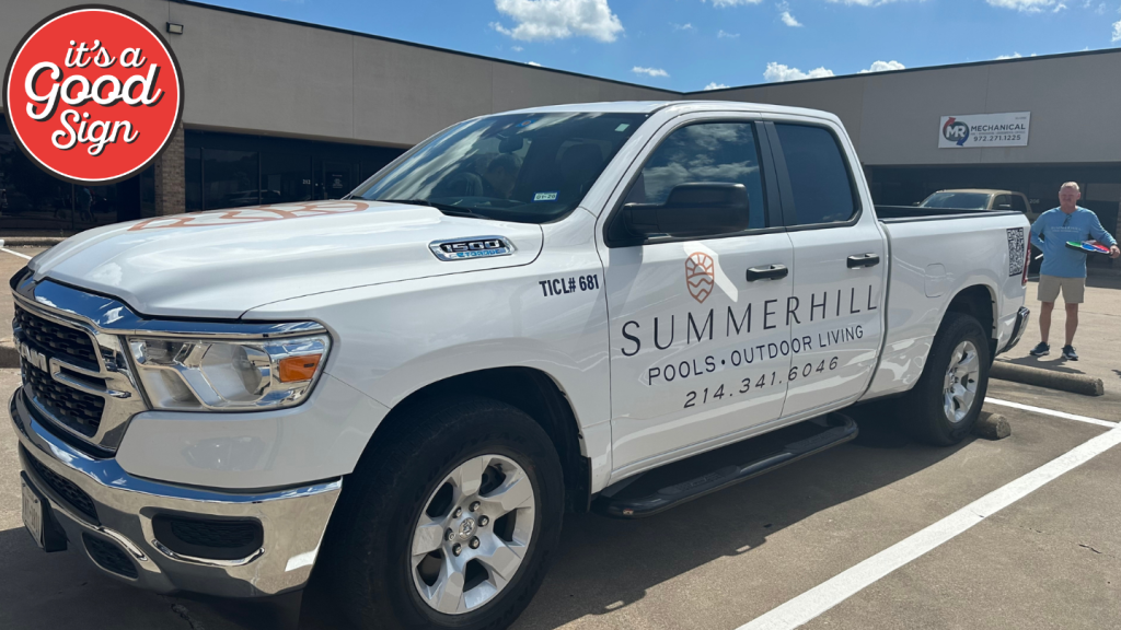 Vehicle Wraps of a white pick up truck installed by It's A Good Sign in Dallas, TX